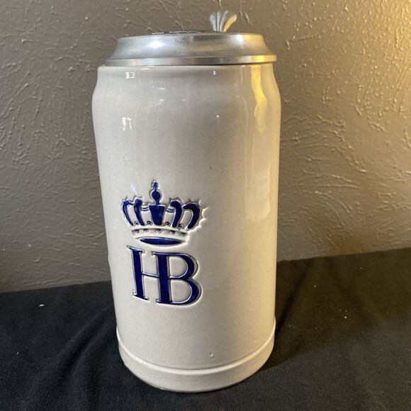 HB (HOFBRAUHAUS MUNCHEN)4.5" Slat Glazed Stoneware Beer Stein Pewter Lid Germany - Picture 1 of 6